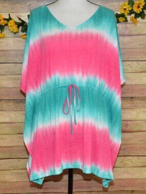 Oddy Soft Ombre Pink Green Poncho Top Shirt Size L/XL Summer Beach Cover Kaftan